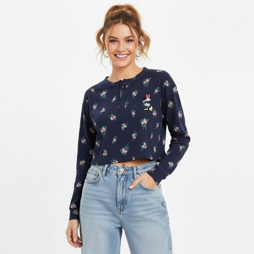 Disney Minnie Mouse Cotton Long Sleeve Shirt Floral Logo Navy Blue Lightweight